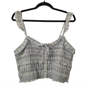 Blue and White American Eagle Women's Smocked Ruffle Tank Top